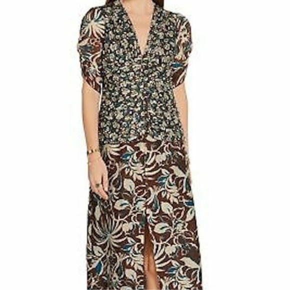Anna Sui Dress Maxi Midi‎ Ruched Cinched Silk V Neck Brown Floral Women Size 10 - Picture 2 of 9